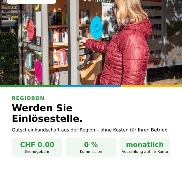 Ihr Betrieb als Einlösestelle für den RegioBon?
Der RegioBon ist der Gutschein für die Region Egerkingen. Werden Sie Teil davon.
Keine Grundgebühr, keine Kommission.
Auszahlung anfangs Folgemonat.
Einlösen per App oder PC.
Anmeldung: info@egerkingentourismus.ch
https://www.egerkingentourismus.ch/regiobon/
#RegioBon #EgerkingenTourismus #Egerkingen #Gaeu #RegionSolothurn