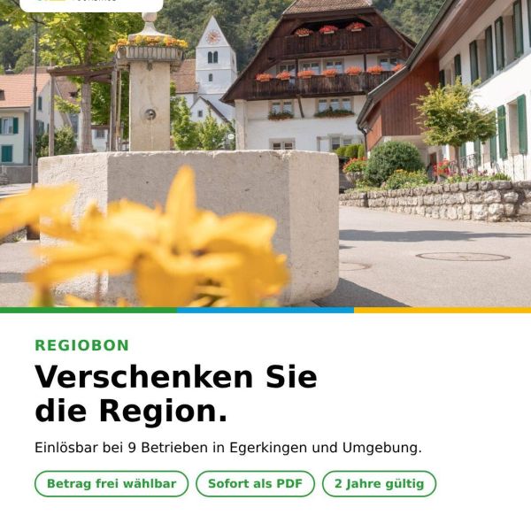Verschenken Sie die Region.
Der RegioBon ist das Geschenk aus Egerkingen und Umgebung – einlösbar bei 9 Betrieben.
Betrag frei wählbar, mit persönlicher Widmung.
Sofort als PDF, 2 Jahre gültig.
https://www.egerkingentourismus.ch/regiobon/
#RegioBon #Egerkingen #Gäu #Geschenkidee #Regional